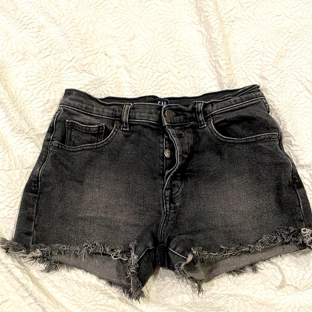 Button-fly black jean shorts, frayed and stretchy, petite 27